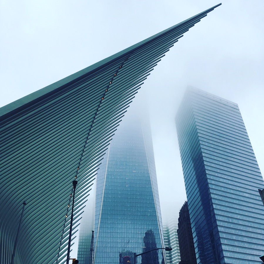 L'entrée de World Trade Center Transportation Hub sous la brume